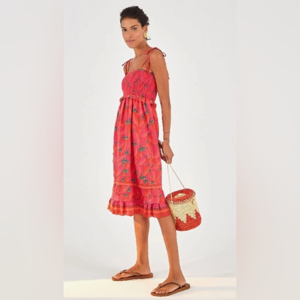 FARM Rio Red Pepper Smocked Tie Ruffle Hem Beaded Strap Dress - S
